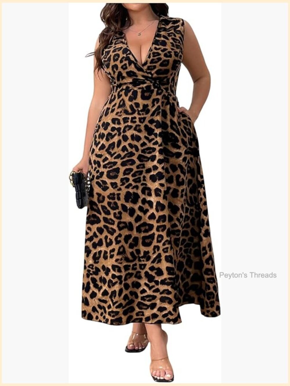 Plus Size Leopard Print Sleeveless Collared V Neck Long Dress with Pockets